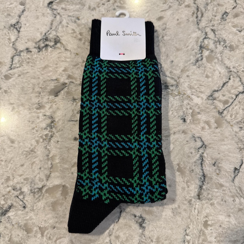 Paul Smith Socks Mens One Size Black Hugo Plaid Wool Cotton Made Italy Mid Calf
